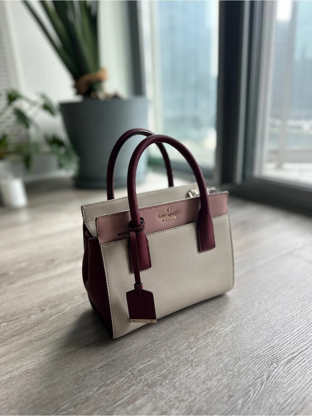 kate spade Cream and Burgundy Leather Top-Handle Satchel